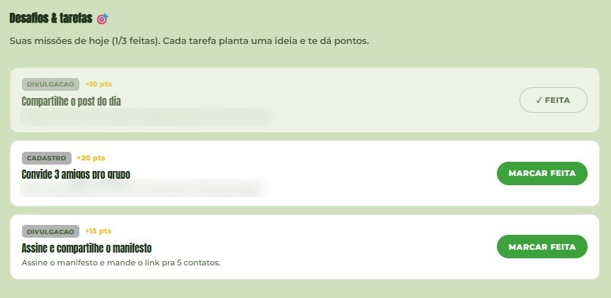 Missões e pontos para o apoiador
