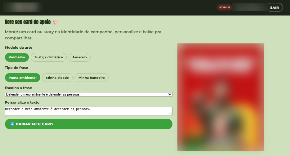 Gerador de card e story na identidade da campanha